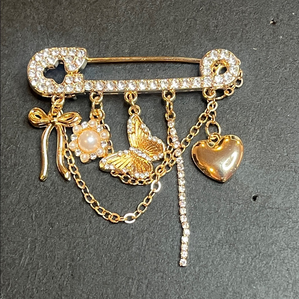 Gold-Tone Safety Pin Charm Brooch with Faux Pearls and Crystals